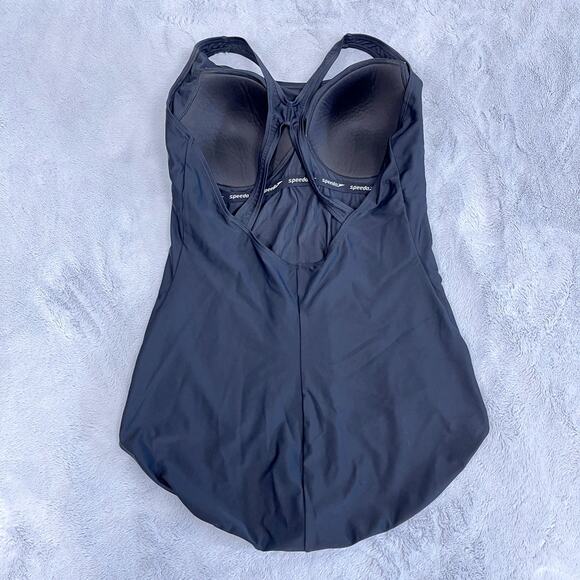 Speedo PowerFlex One Piece Swimsuit Black Solid Moderate Ultraback Womens 18 - Picture 4 of 6